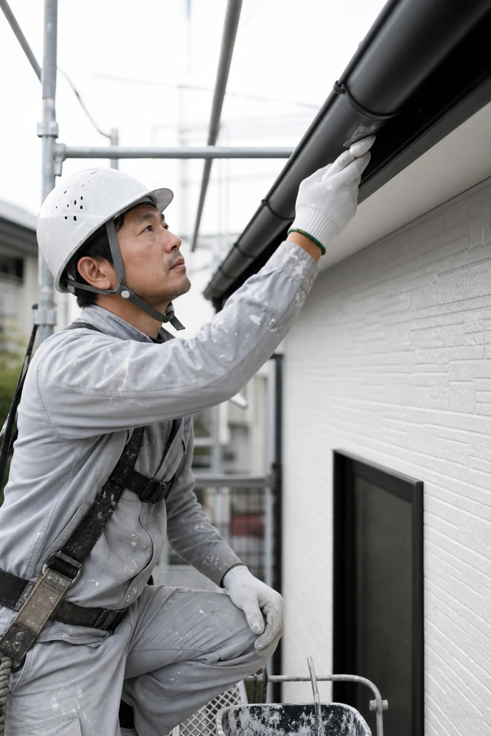 雨どいを丁寧に点検する職人